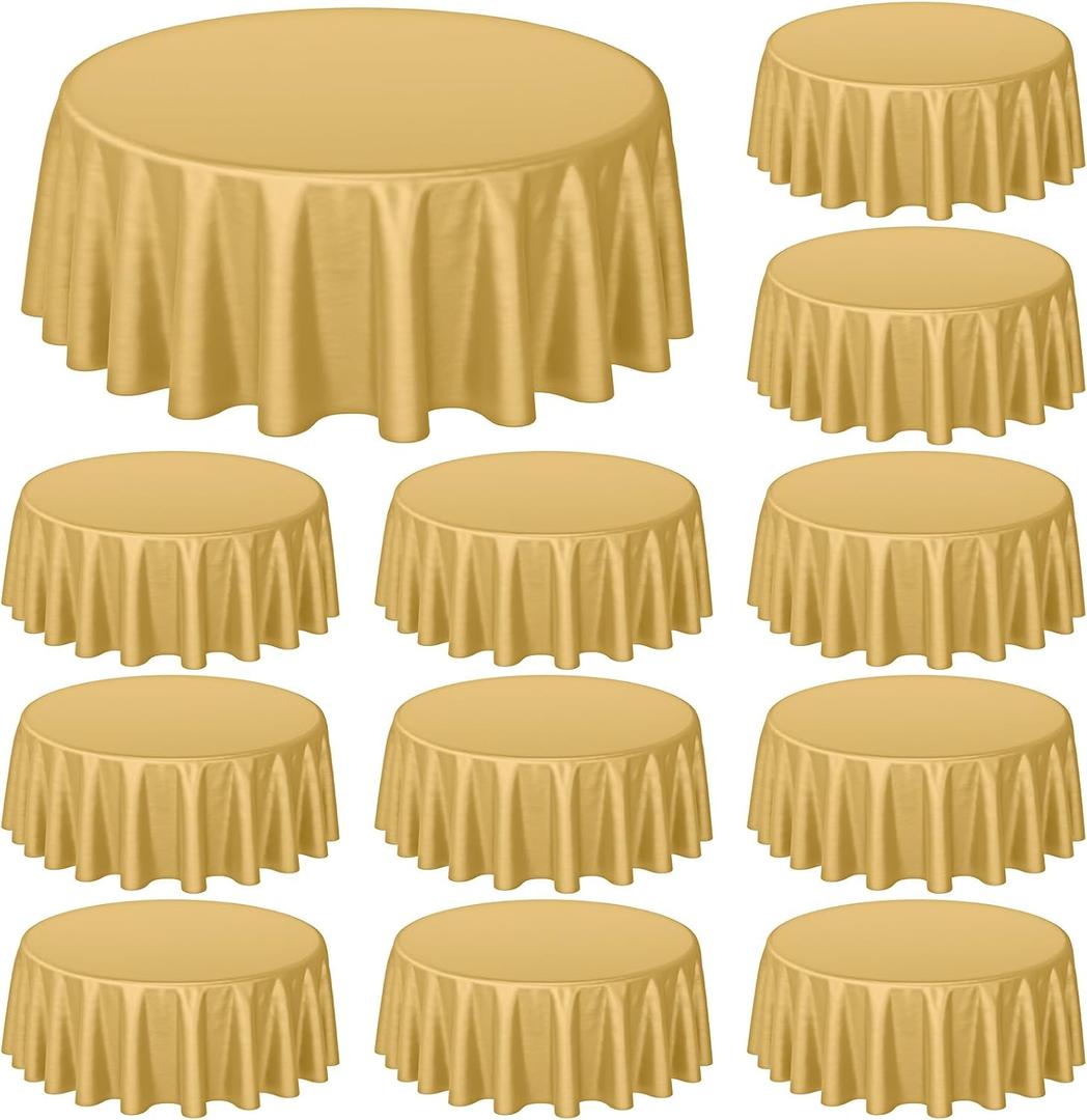 Buryeah 12 Pcs 84 Inch Gold Round Plastic Disposable Table Cloth Waterproof Tablecloth Circle Table Covers for Bridal Wedding Birthday Party Gender Reveal Baby Shower