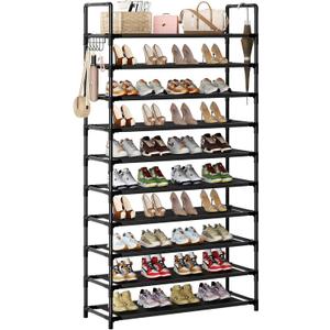 Shoe Rack, 10 Tier Shoe Storage Organizer with Hooks, Fit 40-45 Pairs Shoes, Metal Tall Shoe Shelf for Closet, Entryway, Hallway, Garage, Bedroom, Cloakroom