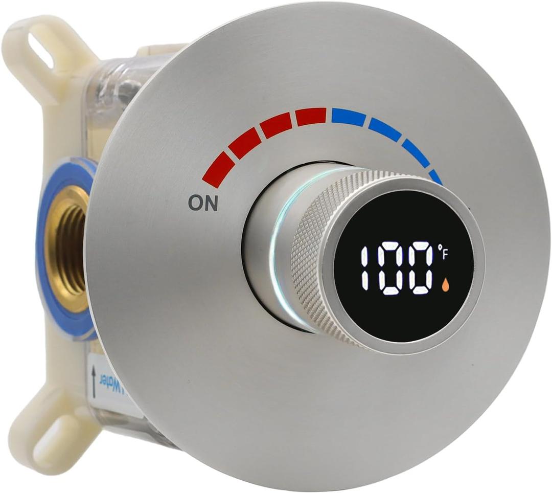 Round Digital Display Shower Valve Shower Diverter Single Way Shower Mixing Valve Concealed Installation in Wall for Bathroom Brushed Nickel