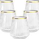N9R 24 Count 12oz Clear Plastic Cups with Gold Rim - Elegant Origami Ripple Design, Shatterproof & Disposable for Whiskey, Cocktail, Champagne, Parties, Weddings, Events