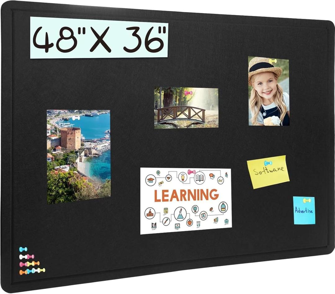 Large Bulletin Board, 48 X 36 inches Felt Board Notice Pin Board, 4' x 3'Cork Board Alternative for Wall, Self-Adhesive Vision Board Mood Board Foldable Photo Board with 30 Pushpin (Black) (48 x 36inches)