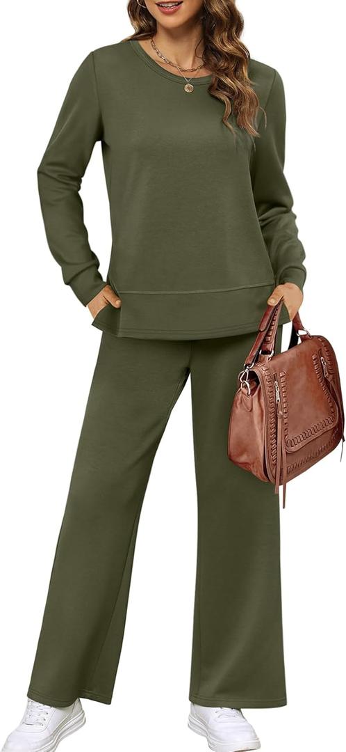 XIEERDUO Women's 2 Piece Lounge Sets Side Slit Outfits Wide Leg Tracksuit Comfy Loungewear Fashion Sweatsuit S-3XL (XX-Large, Army Green)