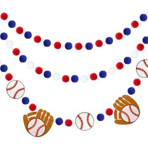 Tatuo 3 Pieces Baseball Pompom Garland Sports Theme Banner Blue Red White Felt Ball Baseball Glove Hanging Garland for Sports Birthday Party Decor 8.2 Feet