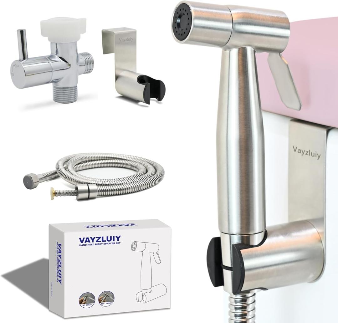 Vayzluiy Handheld Toilet Bidet Sprayer for Toilet-Adjustable Water Pressure Control with Bidet Hose for Feminine Wash, Stainless Steel Brushed Nickel Cloth Diaper for Baby Wash (Stainless Steel, 1)