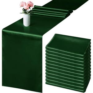Aneco 12 Pack Satin Table Runner 12 x 108 Inch Forest Green Long Wedding Satin Silk Table Runner for Wedding Banquet Graduations Birthday Party Decoration