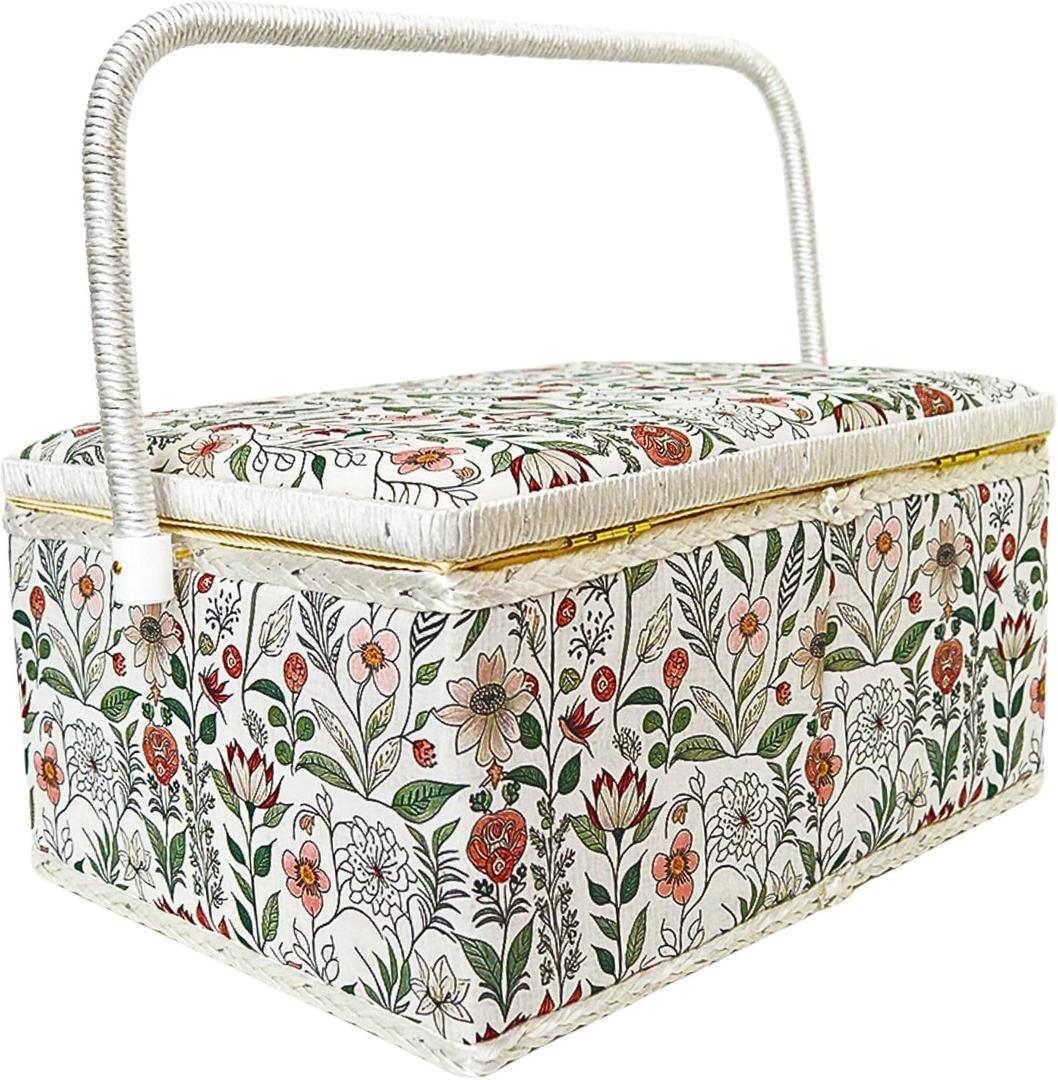 Large Empty Sewing Basket Box with Removable Tray for Mending Crafting and Storage, Green Garden