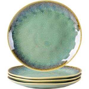 Henten Home Ceramic Dessert Plates, 8.5 Inch Salad Plate Set of 4, Porcelain Snack Serving Dishes for Cake, Kitchen, Microwave & Dishwasher Safe, Reactive Glaze (Green)