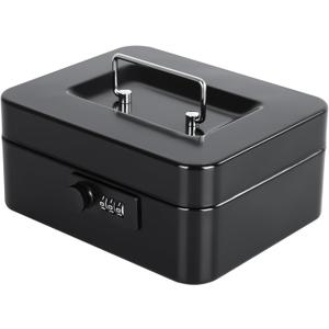 KYODOLED Cash Box with Combination Lock Safe Metal Money Box with Money Tray for Security Lock Box 7.87"x 6.30"x 3.35" Black (Medium)