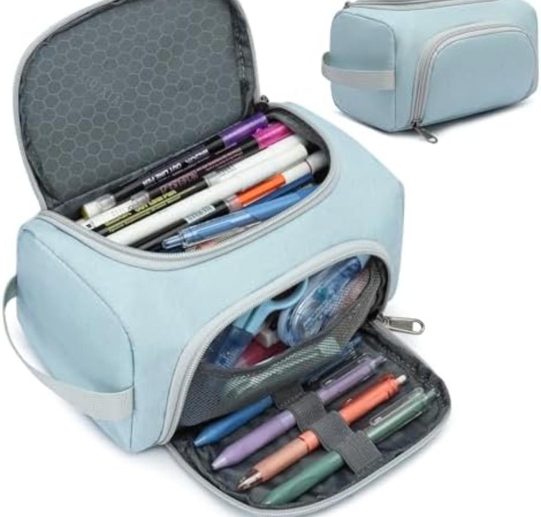 XQXA Extra Large Capacity Pencil Case Organizer, Multifunctional Pencil Pouch with Compartmens, Travel Simple Stationery Bag, Nylon Pencil Bag for Adults (Blue) Pack of 2