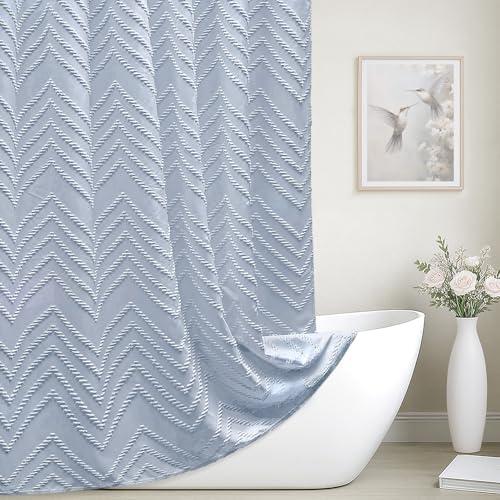 Light Blue Boho Fabric Shower Curtain Tufted Chevron Striped Textured Cloth Curtains for Bathroom, Fog Blue