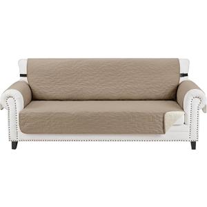 CUCRAF Non Slip Quilted Sofa Cover, Water Resistant Slipcover Furniture Protector for 3 Cushion Sofa Pet Friendly, Washable Couch Cover with Adjustable Elastic Straps (Large, Light Khaki)