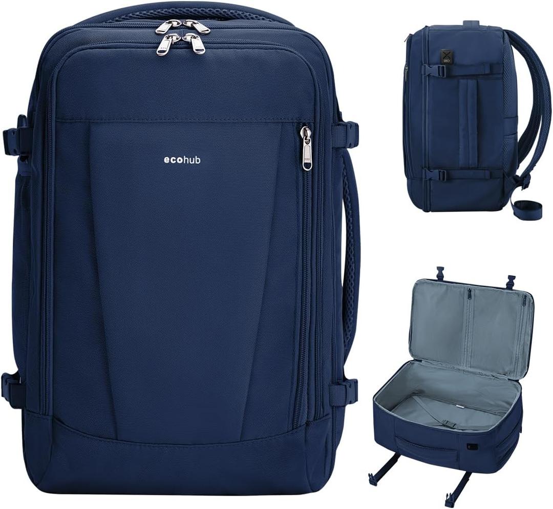 ECOHUB 17'' Travel Backpack, Personal Item Backpack with 13 Pockets, Flight Approved Carry on Backpack with USB Port & Luggage Sleeve, Travel bag for Men & Women, Water Resistant Backpack, Blue (17 inch underseat)