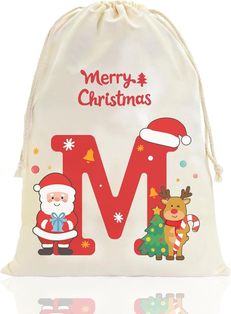 Fohufo Reusable Christmas Gift Bag, 15.7 x 19.6 Inch Initial Santa Sack Drawstring Christmas Bags, Personalized Gift Bags for Xmas Presents Party Supplies, Xmas Decorations Gifts Bag, Medium M