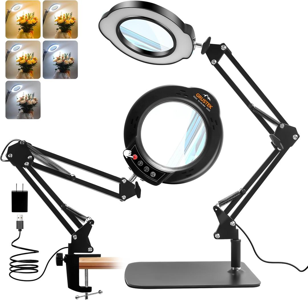 10X Magnifying Glass with Light and Stand, 84 LEDs 2 in 1 Magnifier Lamp with Clamp and 5 Color Stepless Dimmable Modes for Hands Free Reading Sewing Crafts Repair and Close Work