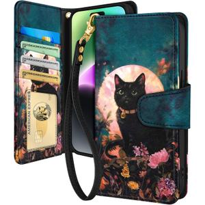 Toycamp for iPhone 14 Wallet Case with Wrist Strap - Leather Flip Folio Phone Case with RFID Blocking 4 Card Holder for Apple for iPhone 14 Funda Cute Aesthetic for Women, Paint Cat