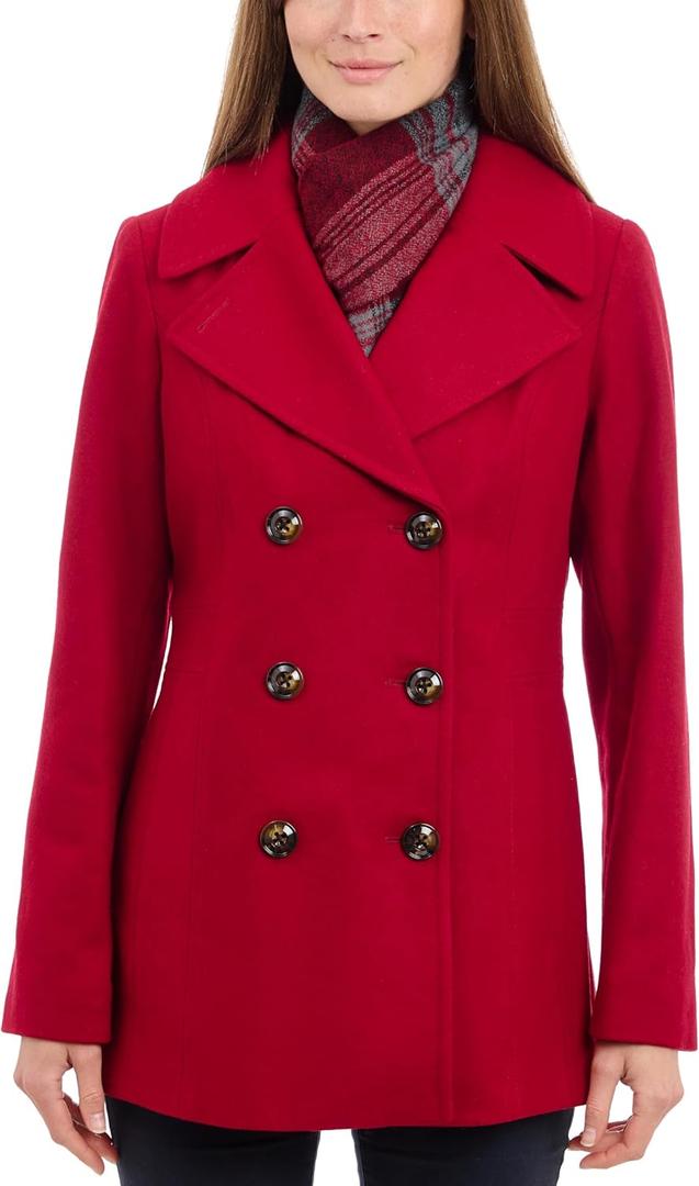London Fog Women's Double Breasted Peacoat with Scarf, Red, Small