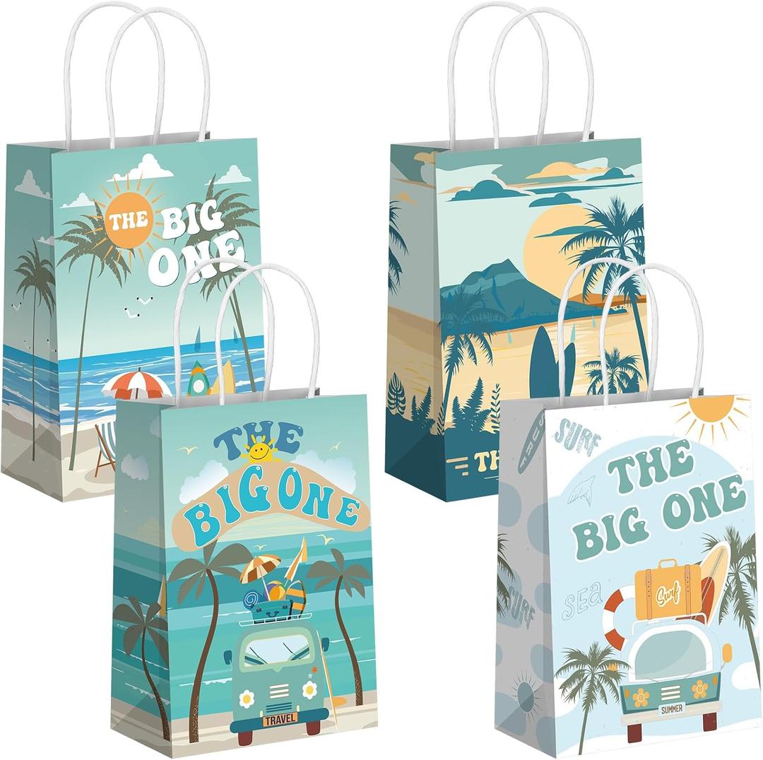 Kolldenn 12 Pcs The Big One Party Gift Bags Summer Surfing Treat Bags with Handles Retro Beach First Birthday Candy Goodie Pouch for Baby Shower 1st Birthday Party Supplies
