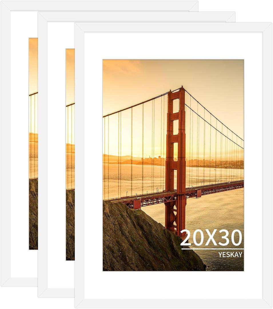 YESKAY 20x30 Picture Frame White Set of 3, Display Pictures 16x24 with Mat or 20 x 30 Without Mat, Poster Frames 20x30 for Wall Hanging Horizontal and Vertical