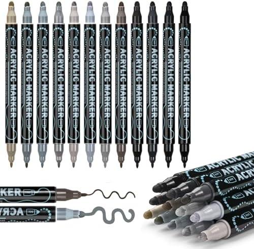 ZZWUAPT Grey Dual Tip Acrylic Paint Pens,Adult Artist Acrylic Paint Markers for Wood, Canvas, Stone, Rock Painting, Glass, Ceramic Surfaces