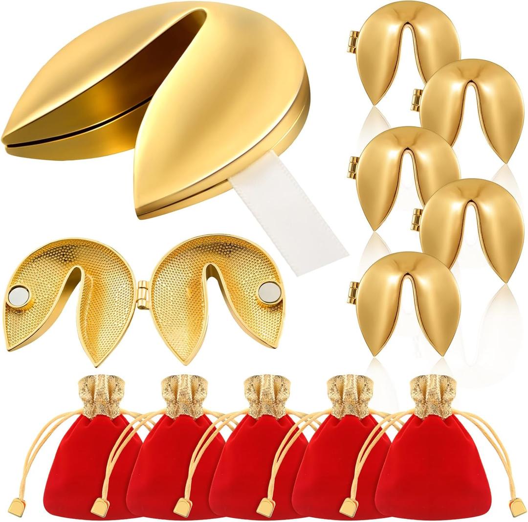5 Set Gold Fortune Cookie Metal Fortune Cookie Box Individually Wrapped Bulk Paper Message with Red Velvet Bags Kit for Christmas Weddings Decoration Couples Keepsake