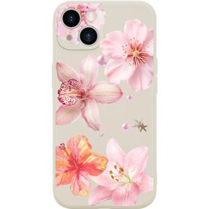 Pink Lily Flower Patterned Phone Case Cover for iPhone 15 PRO MAX Pink Lily Case Cover Liquid Silicone Soft Gel Rubber Matt Phone Cover with Microfiber Lining