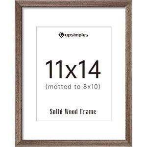 Upsimples 11x14 Picture Frame, Natural Solid Wooden Picture Frames, Display 8x10 with Mat or 11 x 14 Without, Vertical or Horizontal Wall Hanging, 1 Pack, Brown