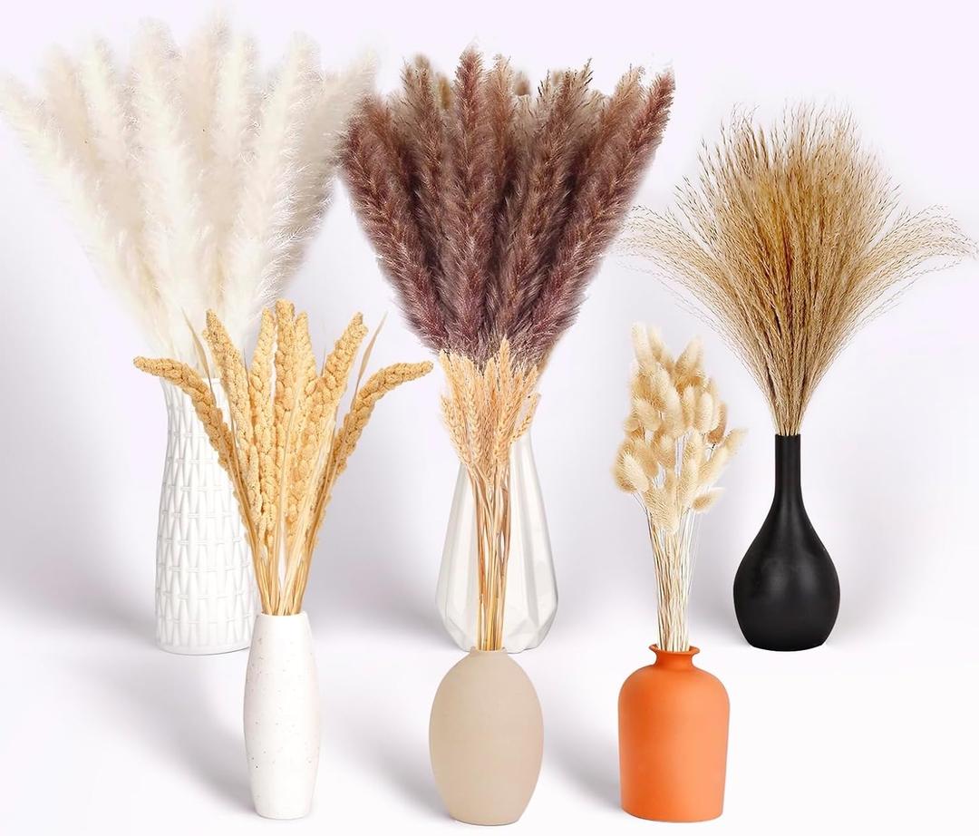 100 Pcs Natural Dried Pampas Grass Decor, 17" Pompas Floral-30 Reed Grass-15 White Pampas grass-15 Brown Pampas Grass-20 Bunny Tails-10 Millet -10 Wheat Stalks,Suitable for Vase-Wall Decor-Fall Decor