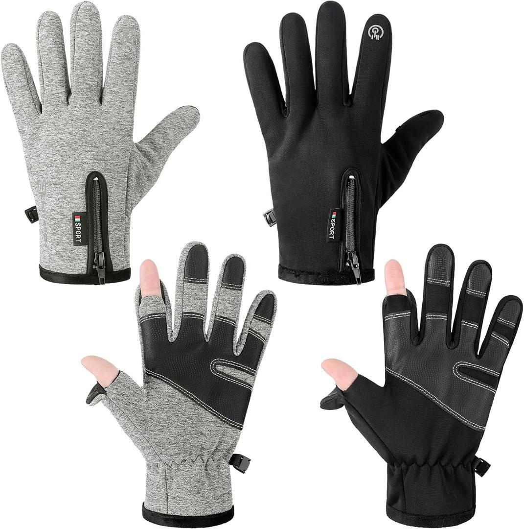 Bencailor 2 Pairs Windproof Waterproof Fingerless Gloves Winter Touchscreen Gloves Men Cold Weather Cycling Supplies(Black, Gray, X Large)