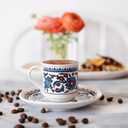 Turkish Coffee Cups Set of 2 with Saucers and Cup Holder, Ceramic Espresso Cups, Perfect for Serving Arabic Coffee White & Blue Pattern