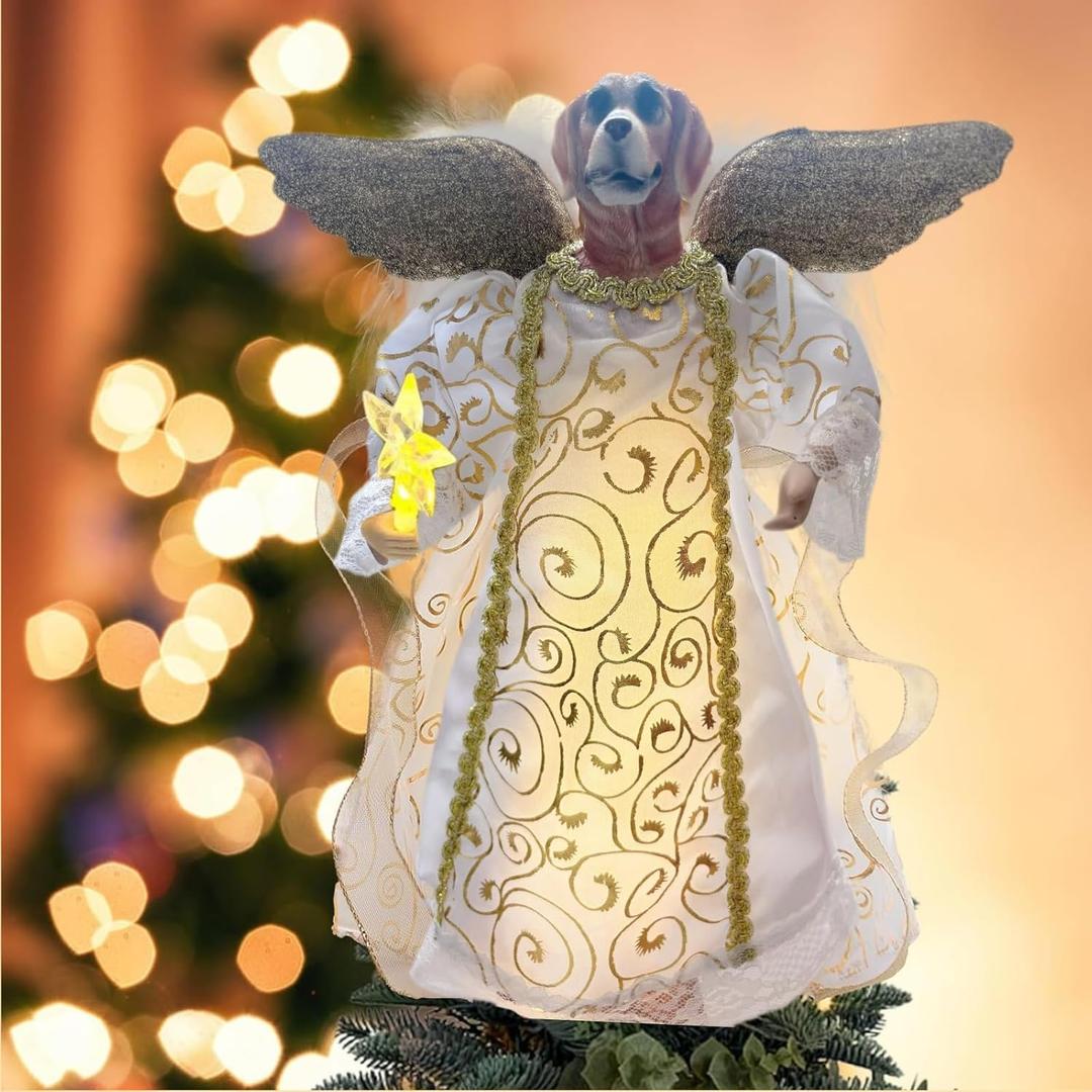 Angel Tree Topper with LED Light, 14" Angel Treetop Figurine with Dress, Feather Wings, and 10 Lights for Indoor and Outdoor Holiday Decoration, Xmas Home Ornaments-Labrador