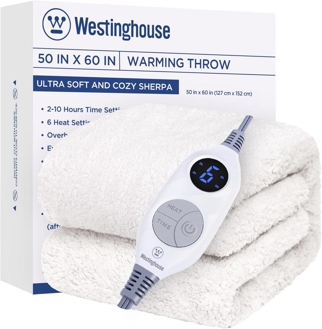 Westinghouse Electric Blanket Throw Size, Soft Plush Sherpa Heated Blanket with 6 Heating Levels & 2-10 Hours Auto-Off, Machine Washable, 50x60 inches, Ivory