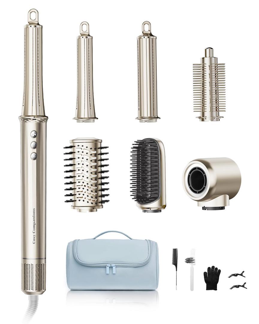 6-in-1 Hair Dryer Brush, Hair Styler with Automatic Curlers, 150,000 RPM High-Speed Negative Ionic Hair Dryer Fast Drying, Blow Dryer Brush for Curling/Volumizing/Straightening with Travel Bag, Gold