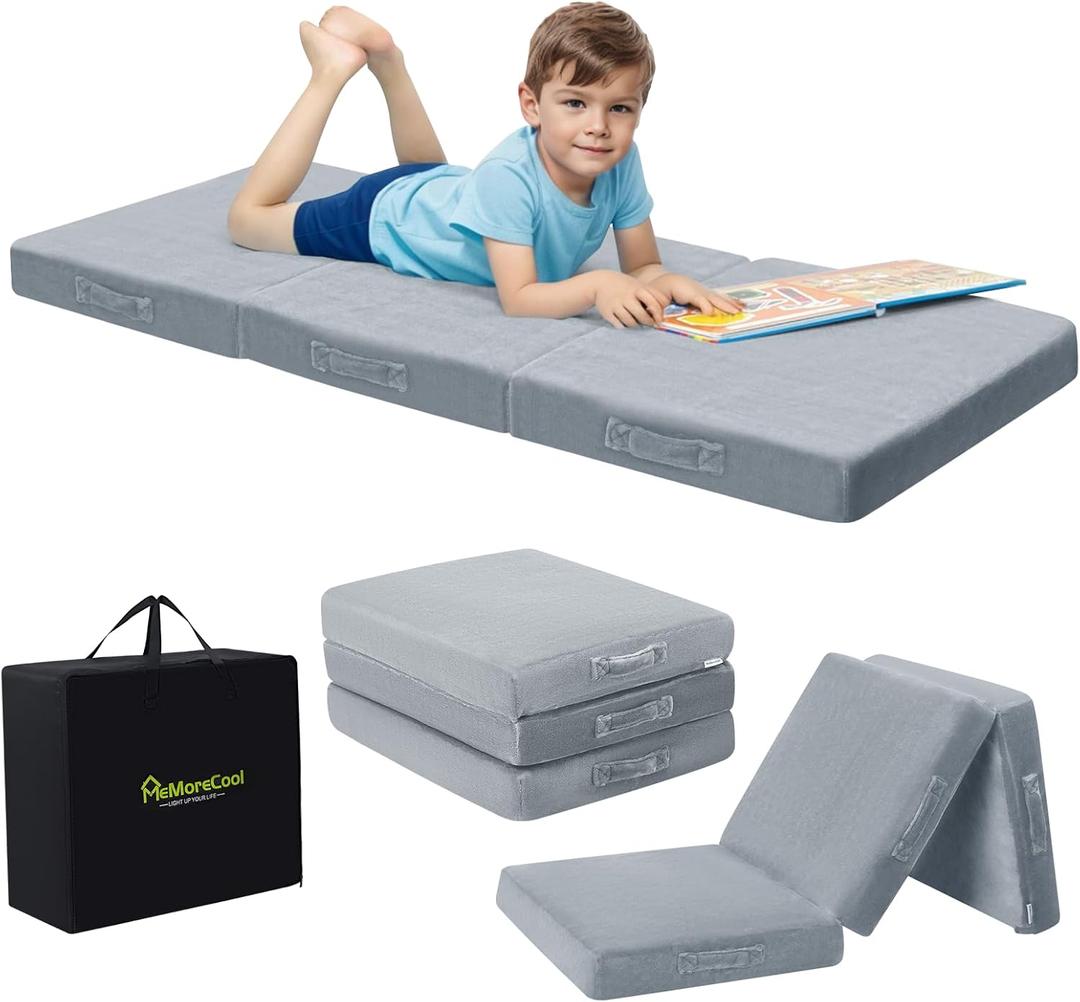 MeMoreCool Foldable Floor Mattress for Kids, Toddler Floor Nap Mat for Sleeping Daycare, Small Child Foldable Mattress Floor Bed, Trifold Futon Portable Tri Folding Mattress, 57x22 Inch (Light Grey)