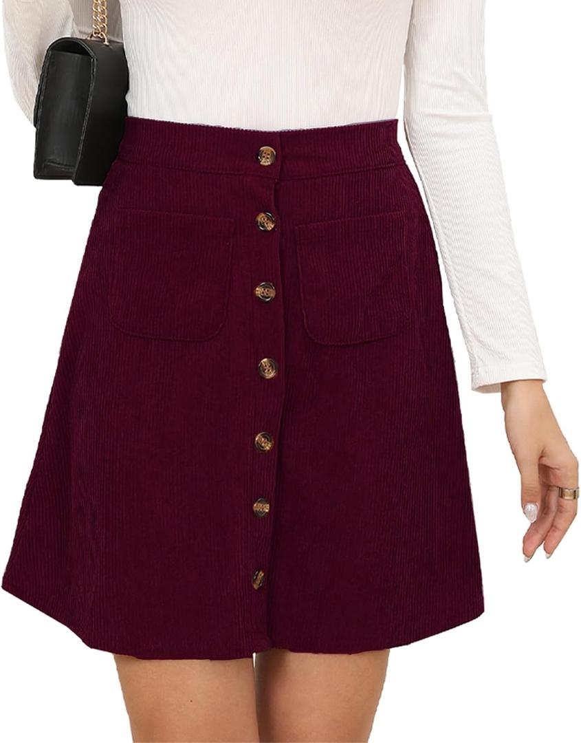 Women's Button Down Corduroy Skirts High Waist A-line Pleated Short Mini Skirt with Pockets, S