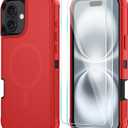 SunStory Magnetic for iPhone 16 Case with HD Screen Protector, Compatible with MagSafe, 3-Layer Heavy Duty Full-Body Cover, 3 in 1 Hybrid Protective Case for iPhone 16 6.1",Red