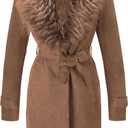 Bellivera Women Faux Leather Trench Coat Fleece-Lined Mid-length Jacket with Detachable Fur Collar (Large, Brown)