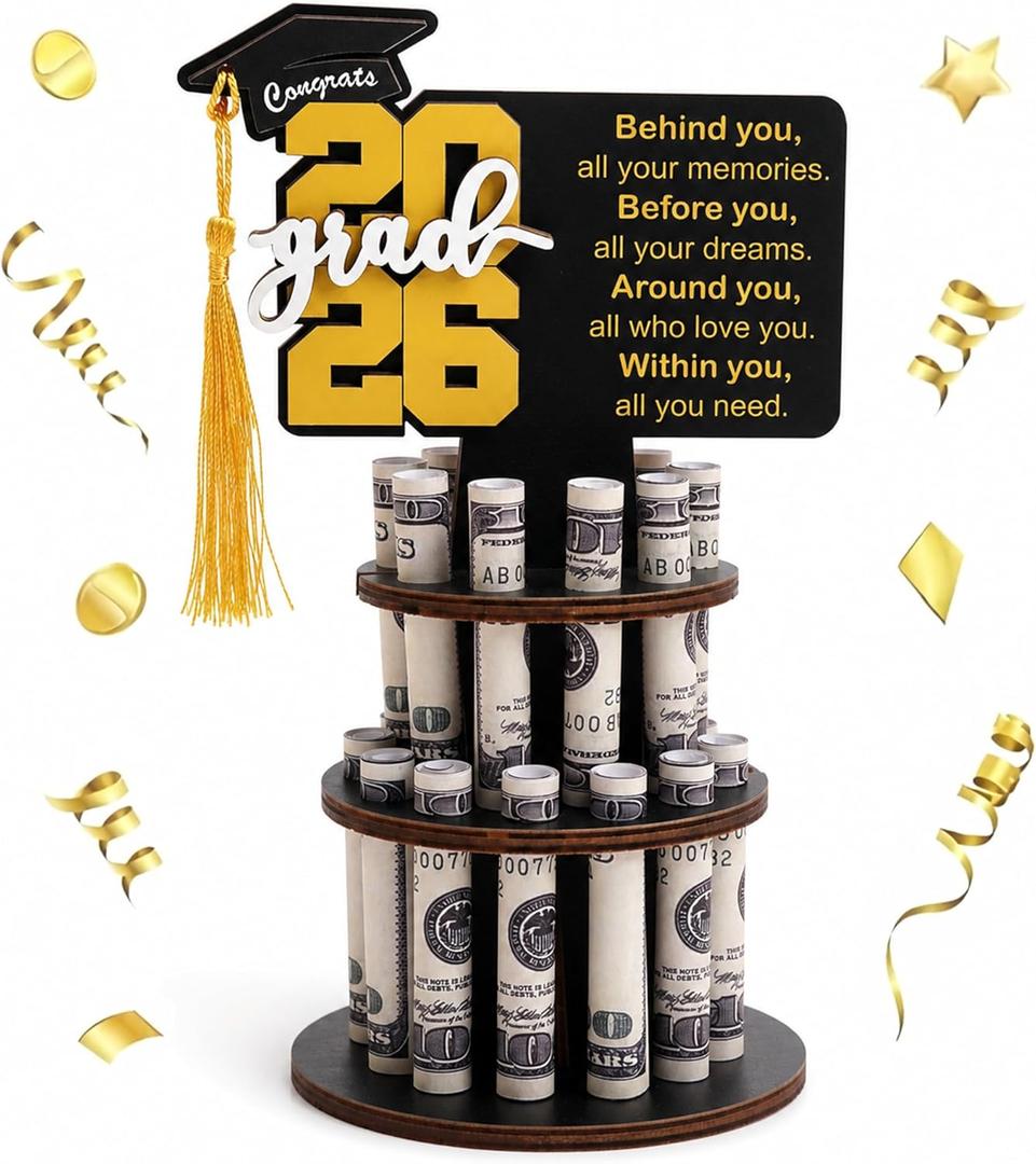 Graduation Money Holder 2026, Wood Class of 2026 Money Holder Cards for Graduation Gift, Unique Grad Money Gift Ideas for Her or Him, 2 Tier Cash Display Stand for Tabletop Party Decor