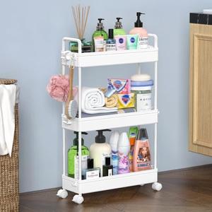 SOLEJAZZ Slim Rolling Storage Cart with Wheels 3 Tier Skinny Bathroom Storage Organizer Thin Laundry Room Utility Cart Space-Saving for Bedside Kitchen Office Small Narrow Places, White