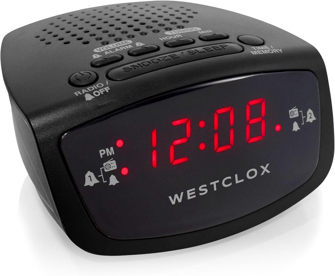 Westclox Dual Alarm Clock Radio 0.6" Red LED Display, FM Radio with 20 Presets, Adjustable Brightness, Snooze & Battery Backup, Digital FM Clock Radio Alarm for Bedrooms (Black)