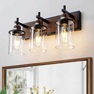 3-Light Farmhouse Bathroom Light Fixtures Vintage Vanity Lights Over Mirror Black and Wood Painted Metal Vanity Light with Glass Shades E26 Socket