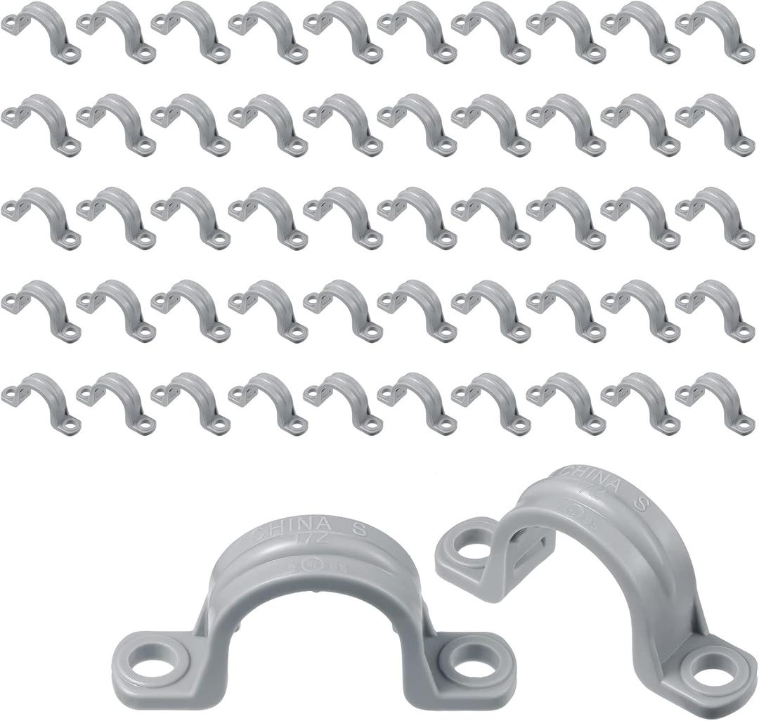 Demissle PVC Conduit Clamp 2 Hole Straps Heavy Duty Grey Plastic Conduit Strap U Clip Mounting Bracket for Cables(100 Pcs,1/2 Inch)