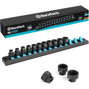DURATECH 3/8" Drive Stubby Impact Socket Set, Low Profile Impact Sockets, 14-Piece, Metric, Size Covers 6-19mm, Cr-Mo Steel, Organized in Magnetic Storage Rail