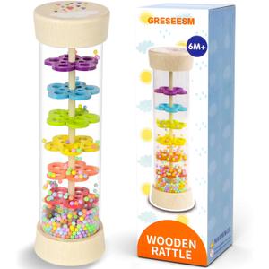 Rain Stick, Montessori Baby Toys for 6-12 Months 1 Year Old, Baby Rattle Wooden Sensory Toys, 7.7 Rainmaker Infant Musical Toy - Gifts for 6 7 8 9 12 Month Old Newborn Boys Girls Toddlers