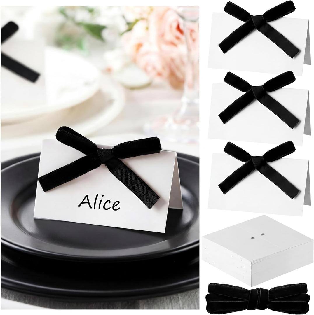 Resurhang 120 Set Velvet Bow Place Cards for Table Setting 3.5''x 2'' Table Name Cards with Velvet Ribbons Bow Placecards for Weddings Bridal Dinner Baby Shower Party Event Decor(Black)
