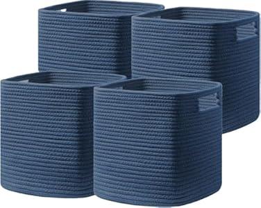 UBBCARE Set of 4 Cotton Rope Basket 12 X 12 X 12 Inches, Woven Storage Baskets for Shelves, Organizing with Handles, Cube Storage Bins for Storage Books, Magazines, Navy Blue