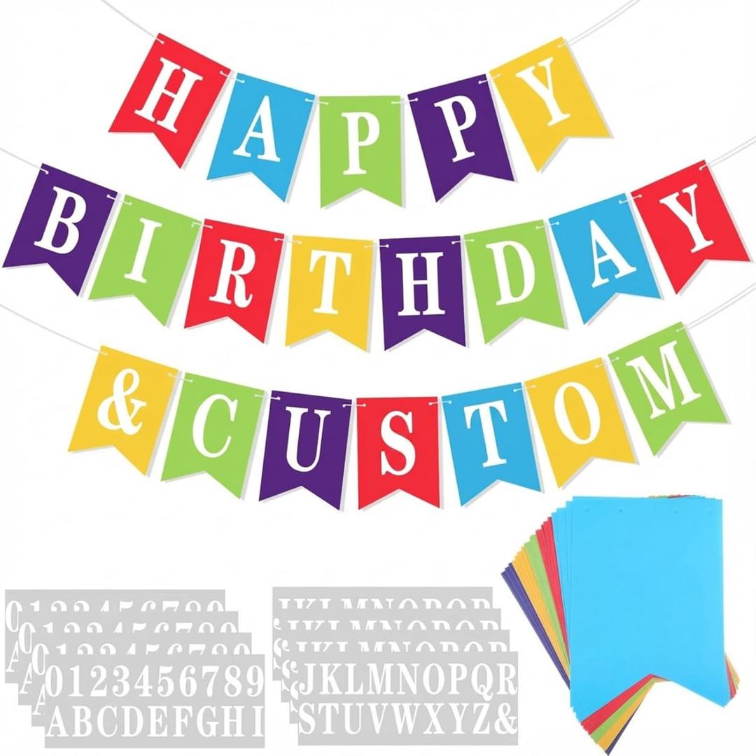 Mooliwe 171 Pcs DIY Custom Banner Kit Make Your Own Customizable Sign for Birthday Wedding Party Decoration Include 20 Paper Pennant 148 Letters and Numbers 1 Rope 2 Threading Device(Rainbow)