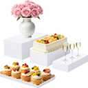 Buffet Risers, 4PCS White Acrylic Food Risers for Party Table, Large Rectangle Display Riser Stand with Hollow Box for Dessert Catering Supply, Scalloped Acrylic Tray for Cupcake
