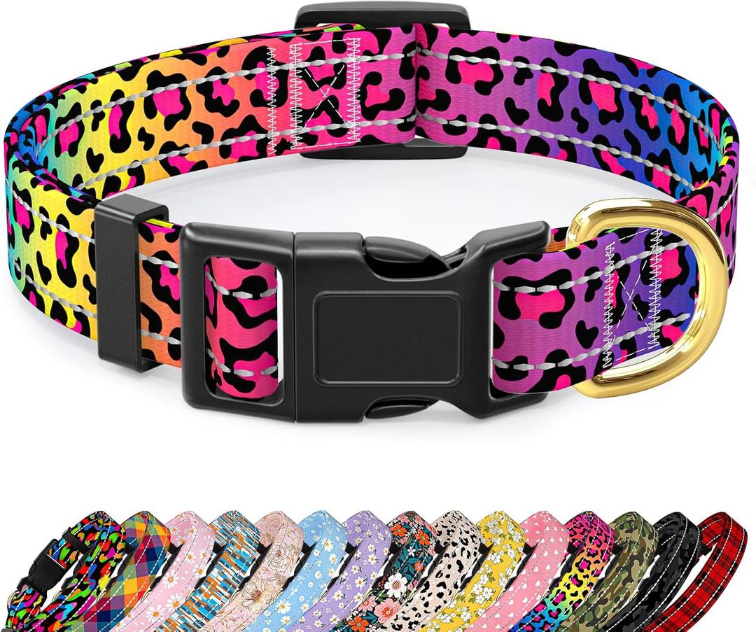 Reflective Dog Collar for Small Dogs Cats, Cute Leopard Style Adjustable Heavy-Duty Nylon Puppy Collar for Boy and Girl Female, Soft Pet Accessories with Quick Release Buckle, Neon (S (Neck 10-16", Width 3/4"))