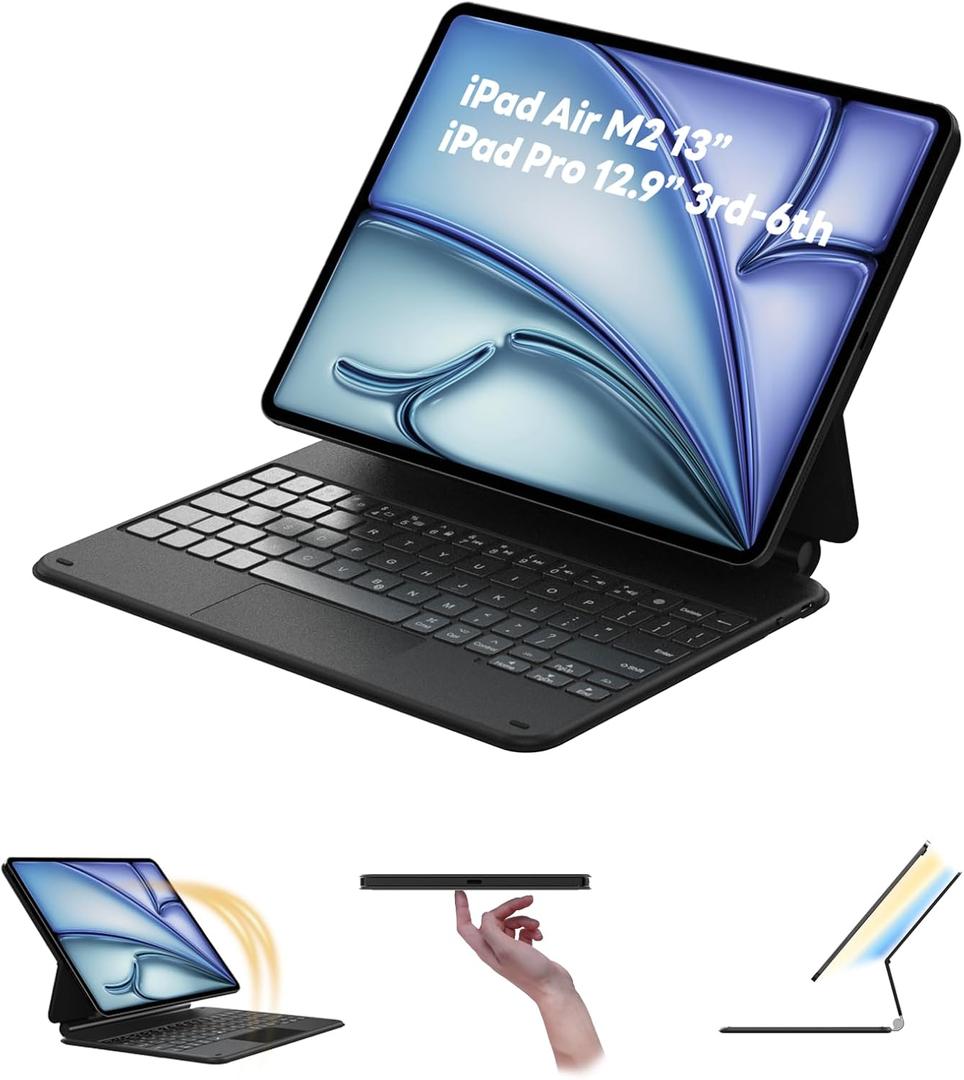 EIP iPad Keyboard Case for iPad Pro 12.9 inch 6th/5th/4th/3rd, iPad Air 13-inch M2 iPad case with Magic Keyboard, Trackpad, 7 Color Backlight, Magnetic Detachable Case, Magnetic Hinged Keyboard Case (iPad Air M2 13 / iPad Pro 12.9 3-6 th)