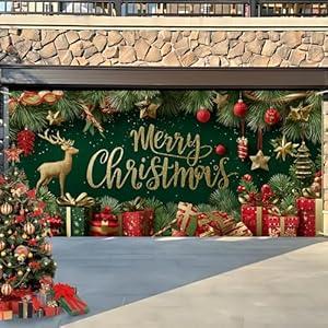 13x6 Ft Christmas Garage Door Banner Decoration, Large Outdoor Indoor Xmas Cover Decorations for House, Waterproof Holiday Party Backdrop with Santa Sleigh & Reindeer for Porch, Yard, Wall
